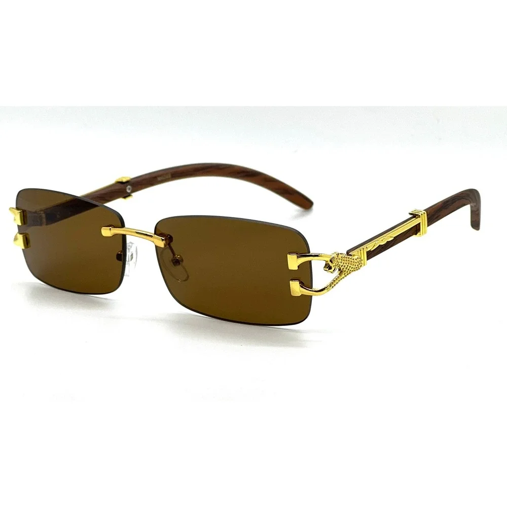 Hip Hop Men‎ Sunglasses Cholo Buffs Gold Wood Grain Arms Fashion Dark Brown Lens